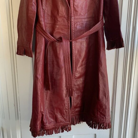 Dan di Modes 24K Vintage Leather 70s Red Fringe Trench Coat - Picture 2 of 8